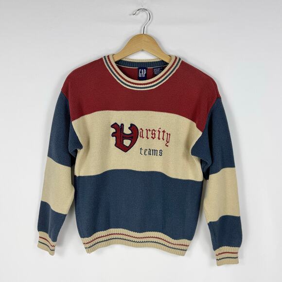 Gap Kids Vintage 80s Varsity Teams Knit Sweater Large Red Beige Blue 100% Cotton - Picture 1 of 9